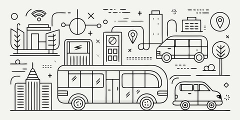 Modern city transportation concept with electric bus cars charging station and buildings isolated on white background