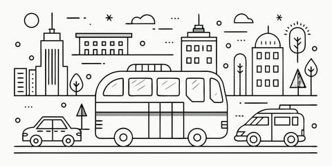 Stylized line art illustration of a city street scene with a bus cars and buildings isolated on white background