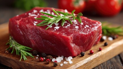 A cut of raw beef steak is displayed on a rustic wooden cutting board. It is garnished with fresh rosemary, coarse salt, and colorful spices with ripe tomatoes in the background.