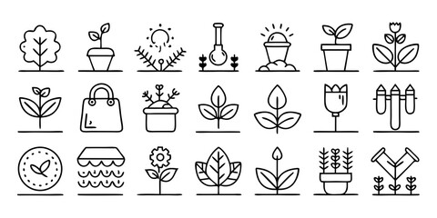 Collection of hand drawn botanical icons representing growth and gardening isolated on white background