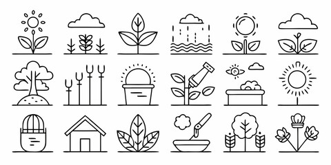 Collection of gardening and nature icons representing growth weather and farming activities isolated on white background