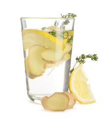 Glass of fresh lemon infused water with ginger and thyme on white background