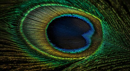 Close-up view of a peacock feather; vibrant blue and green iridescence; intricate texture; soft lighting enhances details.