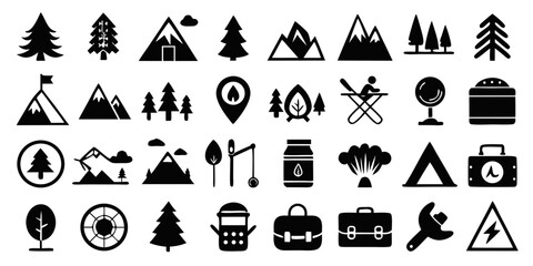 Collection of outdoor camping and adventure icons featuring trees mountains tents and gear isolated on white background