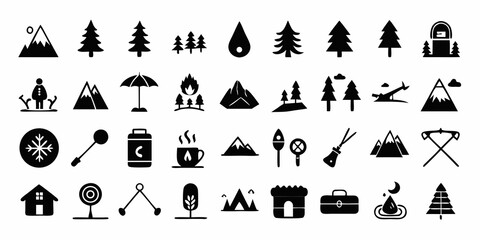 Collection of outdoor adventure and camping icons representing nature and activities isolated on white background