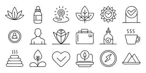 Collection of hand drawn wellness and spa icons representing health and relaxation isolated on white background