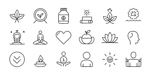 Collection of simple line icons representing health wellness and self care concepts isolated on white background