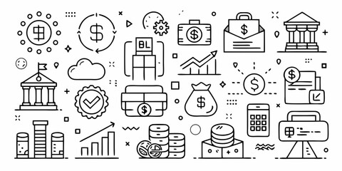 Collection of financial icons representing banking investment growth and business operations isolated on white background
