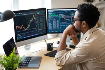 Analyst examines stock market charts on dual monitors in a modern office setup, working with technology and financial data