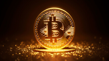 Digital cryptocurrency mining. Vector illustration. Golden coin with bitcoin symbol.