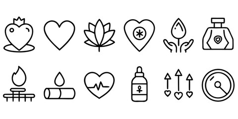 Collection of health and wellness icons featuring hearts lotus and medical symbols isolated on white background