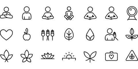 Collection of simple line art icons representing wellness health and nature isolated on white background