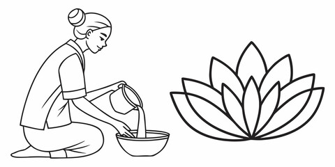 Woman kneeling and pouring water into a bowl next to a stylized lotus flower isolated on white background