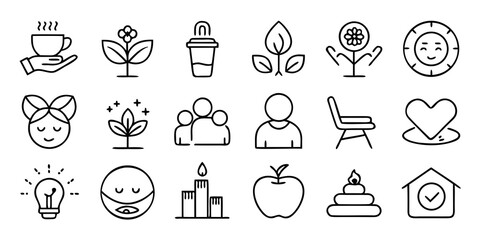Collection of simple line art icons representing wellness self care and healthy lifestyle elements isolated on white background