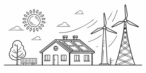 Eco friendly house with solar panels and wind turbines generating clean energy isolated on white background