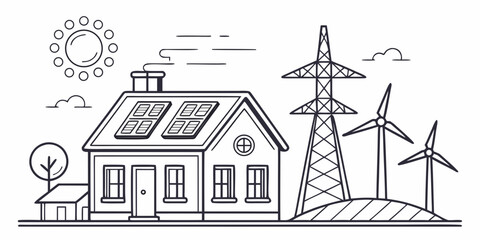 Modern house with solar panels and wind turbines representing renewable energy sources isolated on white background