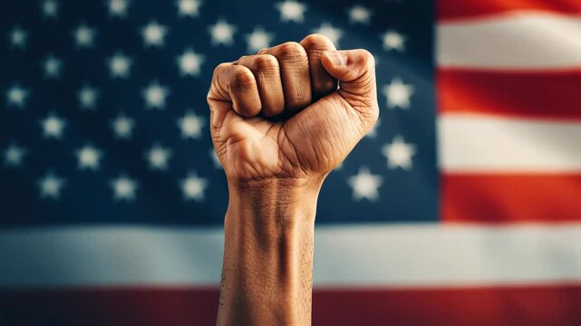 Raised Fist Against American Flag: A powerful symbol of solidarity and strength is portrayed as a clenched fist, rising boldly against the backdrop of the stars and stripes, embodying unity.