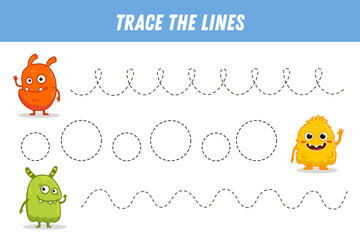 Tracing lines for kids. Cute cartoon monsters. Handwriting practice. Educational game for preschool kids. Activity page. Vector
