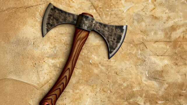 Double-Bit Axe on a Rustic Canvas: An intricately crafted double-bit axe, its metallic head gleaming against the textured backdrop of an antique canvas, evokes a sense of history and craftsmanship.