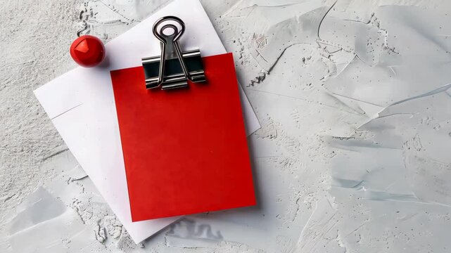 Colorful Notes Arrangement: A flat lay composition featuring a vibrant red note held by a clip, layered with a white card and accented by a red pin, all set against a textured surface.