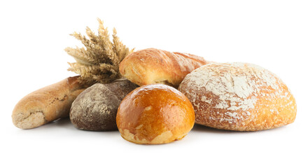 Loaves of fresh bread and wheat ears isolated on white background
