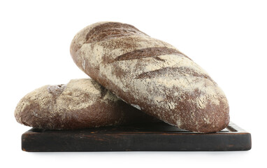 Board with loaves of fresh rye bread isolated on white background
