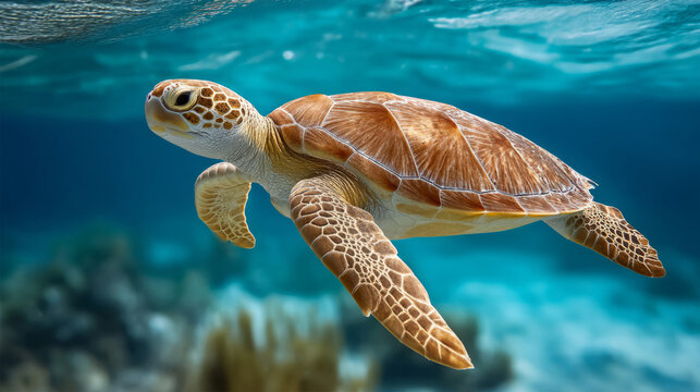 Sea turtle swimming underwater to celebrate world oceans day