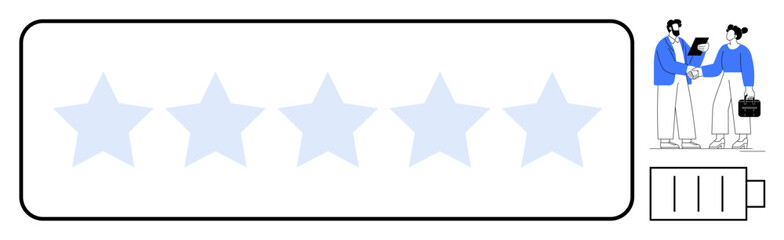 Five-star rating box, handshake between two professionals, low battery icon. Ideal for business feedback, customer satisfaction, performance metrics, teamwork, productivity, evaluation simple flat