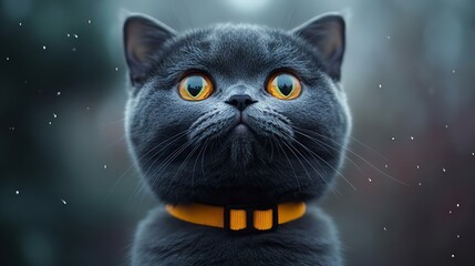 A cute gray cat with bright orange eyes wearing a yellow collar, looking curiously in a serene snowy background.