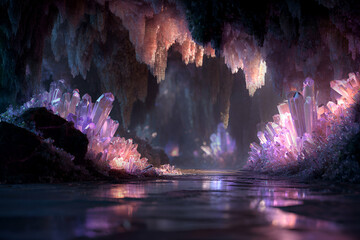 Crystal Cave:  Journey into an ethereal cave, where crystal formations glisten, the subterranean space reflecting mystical beauty and the allure of geological marvels.