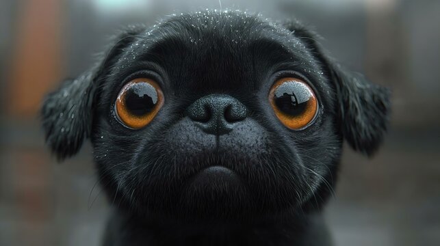 Close-up of a cute black pug with big expressive eyes, showcasing its adorable features and wet fur, perfect for pet lovers and animal photography.