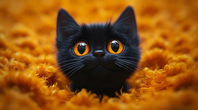 Adorable black cat with large orange eyes surrounded by a vibrant orange background. Cute, playful, and charming pet portrait perfect for cat lovers. - Powered by Adobe