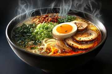 Ramen Delight: A visually stunning, photorealistic image showcasing a steaming bowl of delectable ramen.