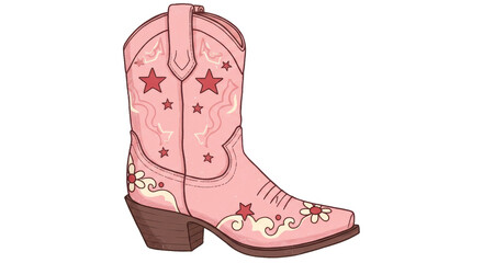 Pink Western Boot with Star and Floral Design on White