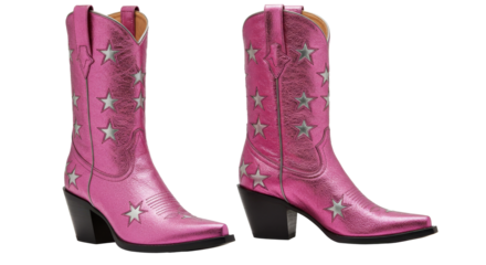 Pink Cowgirl Boots with Star Pattern Two Boots on White Background