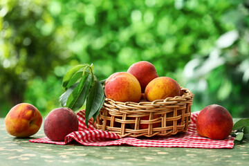 Wicker basket with sweet ripe peaches on green table outdoors