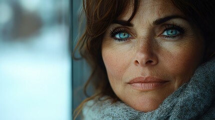 A close-up portrait of an elegant woman with captivating blue eyes, looking contemplative against a soft-focus winter background.