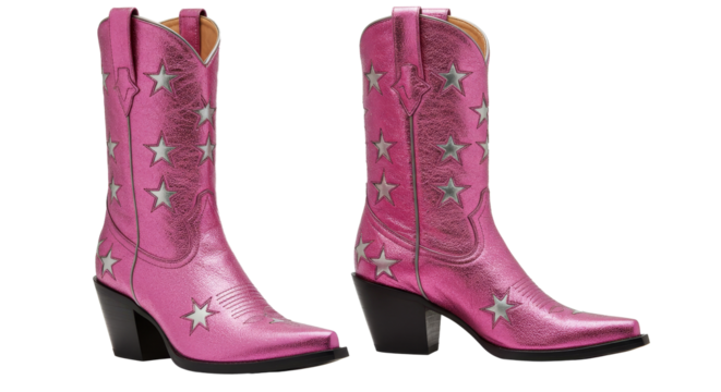 Pink Cowgirl Boots with Star Pattern Two Boots on White Background
