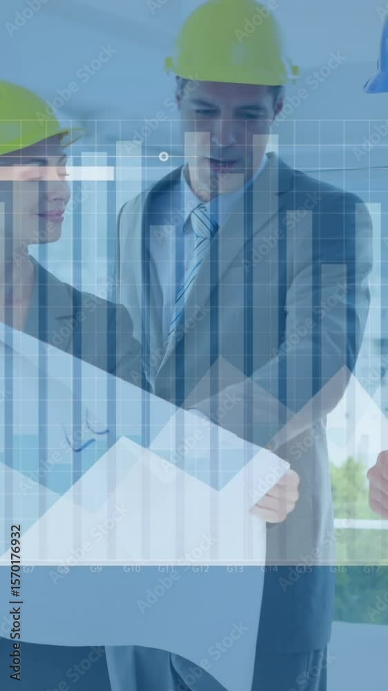 Poster animation of graphs and loading bars over diverse engineers wearing helmet discussing bluer print