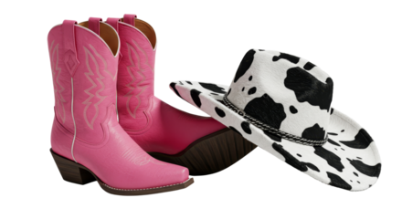 Pink Cowboy Boots and Spotted Hat Still Life on White