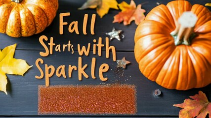 Vibrant autumn vibes: pumpkins and leaves transitioning with sparkling text - Powered by Adobe