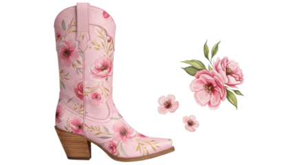 Cowboy Boot with Floral Design and Loose Flowers on White