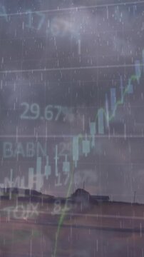 Animation of financial data processing and storm over wind turbine