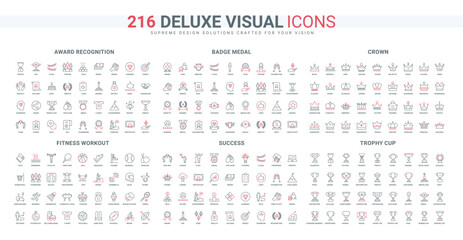 Success achievement trophy, gold cup and crown, medal line icon set. Different prizes, diploma and money rewarding victory, sport triumph thin black and red outline symbols vector illustration