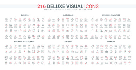Finance analytics, payment by cash and online line icon set. Research of algorithms, alternatives and trends for business growth line icon set thin black and red outline symbols vector illustration