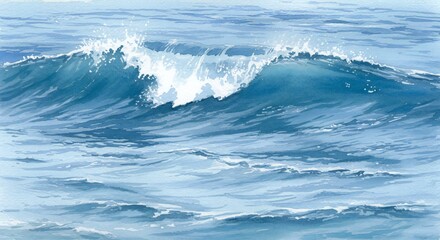 Watercolor painting of ocean waves, featuring rolling, layered waves in blue hues, with sunlit highlights creating reflections, showcasing a tranquil coastal mood.