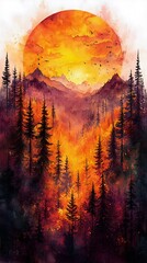 A breathtaking watercolor landscape featuring a vibrant sunset over towering mountains and dense forest, creating a serene and dramatic atmosphere.