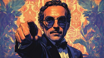 A stylized portrait of a man in vintage attire with glasses, poised dramatically against a colorful, ornate backdrop.