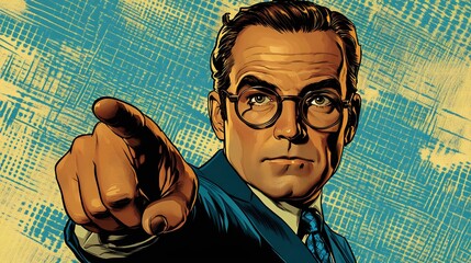 A vintage-style illustration of a confident man in glasses, pointing assertively. Ideal for retro-themed designs, advertising, and motivational content.