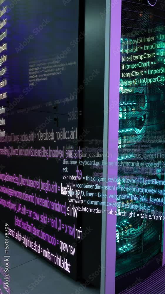 Poster animation of data processing against computer server room